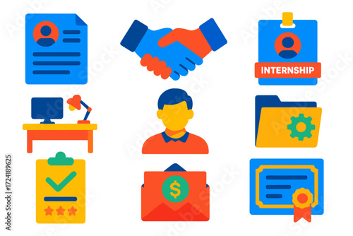 Internship Icon Set. Flat vector icons of internship placement: resume icon, interview handshake, internship badge, workplace desk