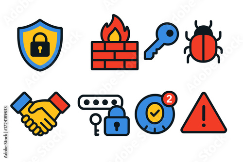 Cybersecurity Icon Set. Flat vector icons of cybersecurity: shield lock, firewall wall, key icon, antivirus bug, secure handshake,