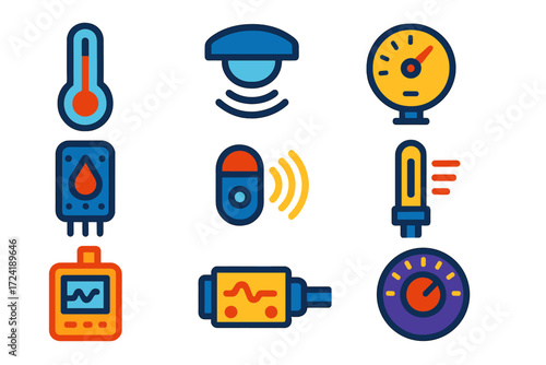 Vibrant Sensor Icons. Flat vector icons of sensor technology: temperature sensor, motion detector, pressure gauge, humidity sensor
