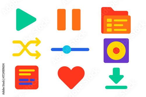 Bold Music Icons. Flat vector icons of music streaming apps: play button, pause icon, playlist folder, shuffle arrows, volume