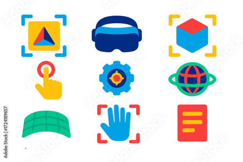 AR_VR Icon Set. Flat vector icons of AR/VR apps: AR marker, VR headset, 3D model, interaction pointer, calibration gear, immersive
