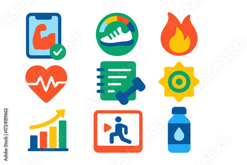 Colorful Fitness Icons. Flat vector icons of fitness apps: workout tracker, step counter, calorie burn, heart rate, exercise log,
