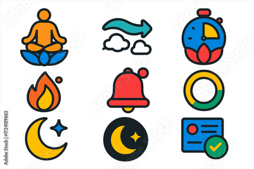 Modern Meditation Icons. Flat vector icons of meditation apps: lotus pose, breathing guide, timer lotus, ambient sound wave, daily