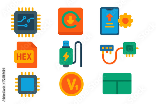 Firmware Icon Set. Flat vector icons of firmware: microcontroller, bootloader, firmware update, hex file, debug probe, JTAG