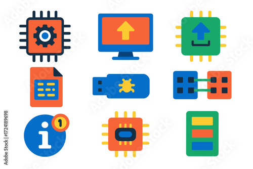 Firmware Icon Set. Flat vector icons of firmware: microcontroller, bootloader, firmware update, hex file, debug probe, JTAG