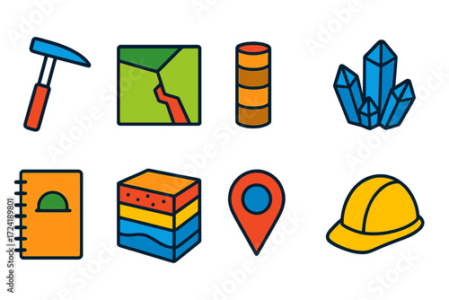 Geology Icon Set. Flat vector icons of geological research: rock hammer, fault line map, core sample, seismic sensor, stratigraphy