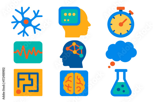 Flat Cognitive Icons. Flat vector icons of cognitive research: neuron network, memory icon, reaction timer, EEG wave, cognition