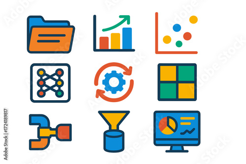 Bold Data Science Icons. Flat vector icons of data science: [dataset folder, bar chart, scatter plot], [machine learning model,