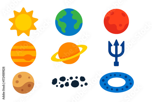 Solar System Icons. Flat vector icons of solar system: Sun, Earth, Mars, Jupiter, Saturn rings, Neptune trident, Pluto dwarf,