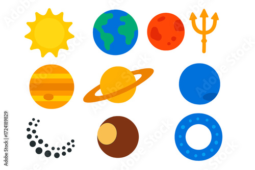 Solar System Icons. Flat vector icons of solar system: Sun, Earth, Mars, Jupiter, Saturn rings, Neptune trident, Pluto dwarf,