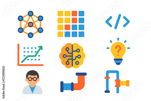 AI Research Icons. Flat vector icons of AI research: neural network, training dataset, GPU array, code brackets, accuracy graph,