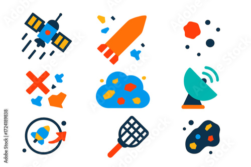 Space Debris Icons. Flat vector icons of space debris: defunct satellite, rocket body, paint fleck, collision cross, debris cloud,