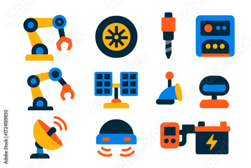 Space Robotics Icons. Flat vector icons of space robotics: robotic arm, rover wheel, sample drill, manipulator, solar panel