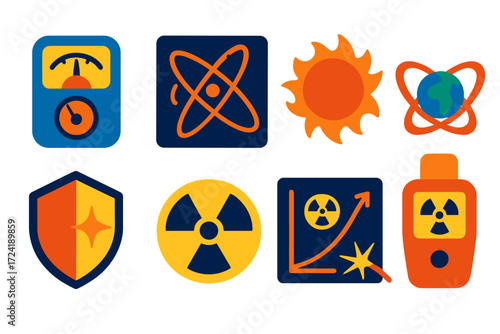 Cosmic Radiation Icons. Flat vector icons of cosmic radiation: detector sensor, particle track, solar flare, radiation belt,