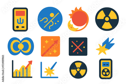 Cosmic Radiation Icons. Flat vector icons of cosmic radiation: detector sensor, particle track, solar flare, radiation belt,