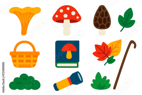 Mushroom Foraging Icons. Flat vector icons of mushroom foraging: chanterelle, amanita cap, Morel, basket, guidebook, leaf litter,