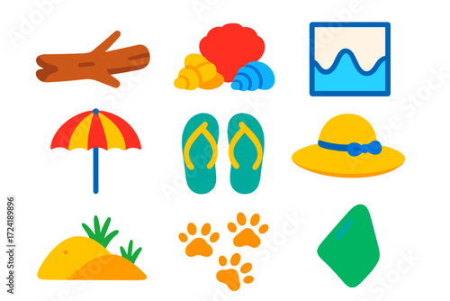 Vibrant Beach Icons. Flat vector icons of ocean shoreline: driftwood, seashell pile, tide chart, beach umbrella, flip-flops, sun