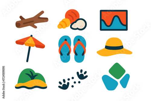Vibrant Beach Icons. Flat vector icons of ocean shoreline: driftwood, seashell pile, tide chart, beach umbrella, flip-flops, sun