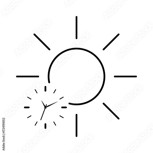 Sun with clock symbol representing circadian health and day cycle. Minimal line art illustration concept of wakefulness, biological rhythm, energy and wellness design for science, lifestyle projects