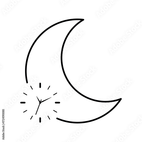 Moon with clock symbol representing circadian health and night cycle. Minimal line art illustration concept of sleep, biological rhythm, rest and wellness design for science and lifestyle projects