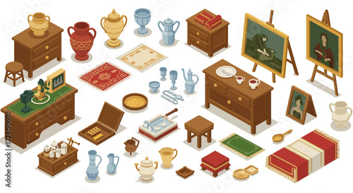 Isometric antique collection with furniture and tableware on white background