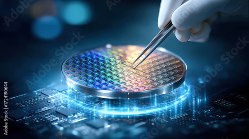 Ultra realistic macro photo of silicon wafer being handled with precision tools, showcasing intricate patterns and vibrant colors, reflecting advanced technology and innovation