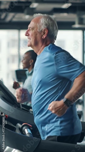 Positive elderly man exercising on a treadmill in a gym, healthy lifestyle