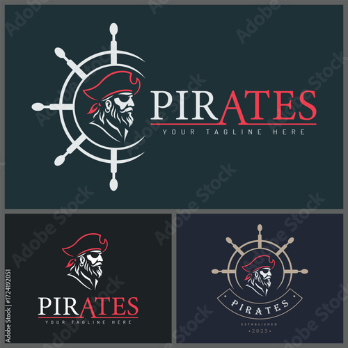 Pirates face head ship wheel logo set vintage design template