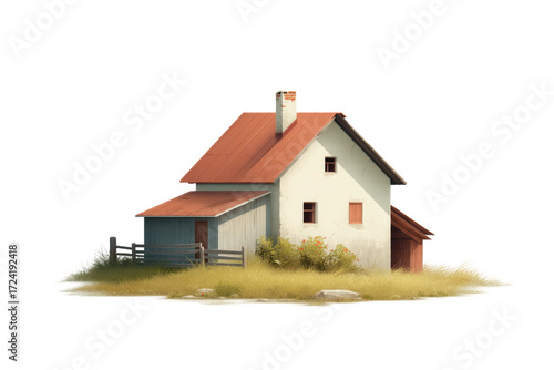 Charming rural house with red roof and white walls in serene countryside, cut out