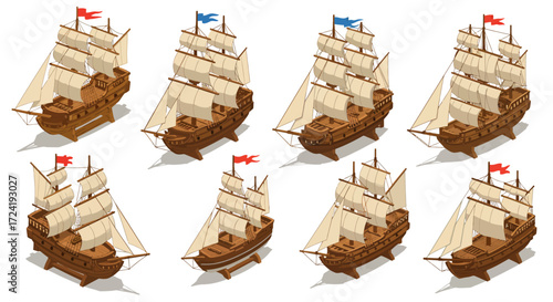 Set of isometric sailing ships with various flag colors