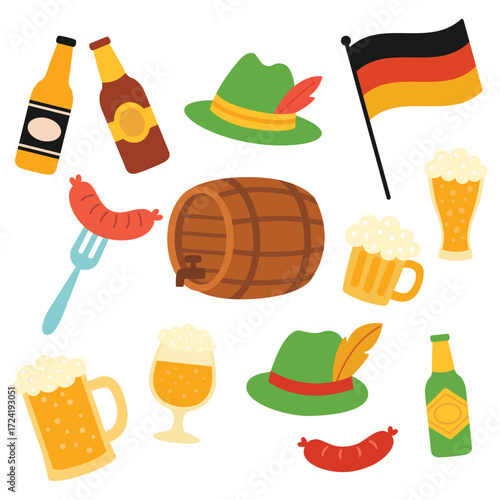 A colourful flat illustration featuring traditional elements of a German beer festival, including beer mugs, sausages, hats, and a flag. Isolated white background