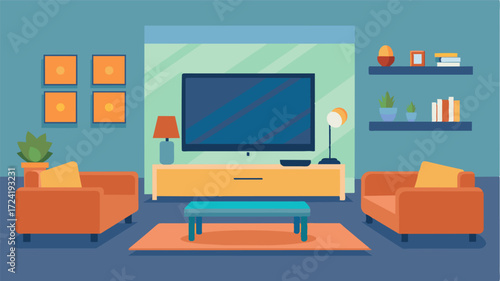 A spacious living room with a large flatscreen TV and comfortable seating perfect for unwinding after a long day of work.. Vector illustration