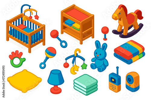 Bold Nursery Essentials. Isometric vector illustration set Baby Nursery Items: crib, changing table, rocking horse, baby rattle,