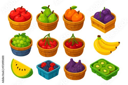 Vibrant Fruit Baskets. Isometric vector illustration set Fruit Harvest: apple basket, pear basket, peach basket, plum basket,