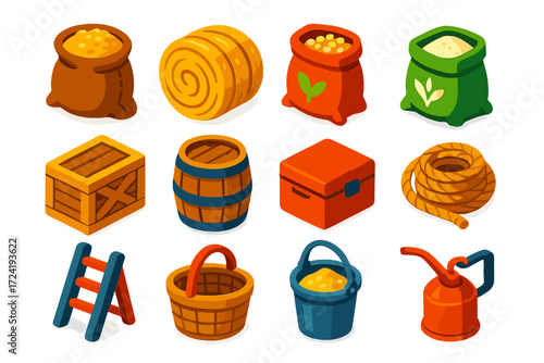 Vibrant Farm Storage Icons. Isometric vector illustration set Farm Storage: grain sack, hay bale, seed bag, fertilizer sack,