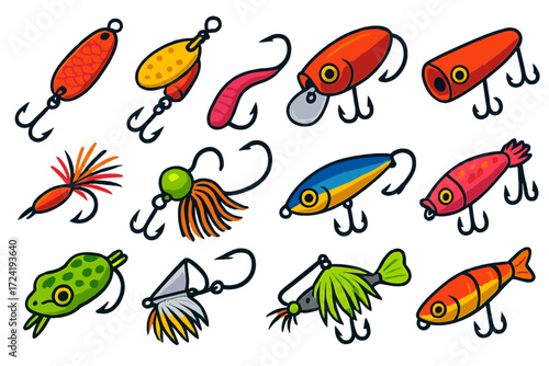 Colorful Fishing Lures. Isometric vector illustration set Fishing Lures: spoon lure, spinner lure, crankbait, soft plastic worm,