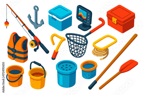 Fishing Boat Gear Icons. Isometric vector illustration set Fishing Boat Equipment: fishing rod, anchor, cooler, fish finder,