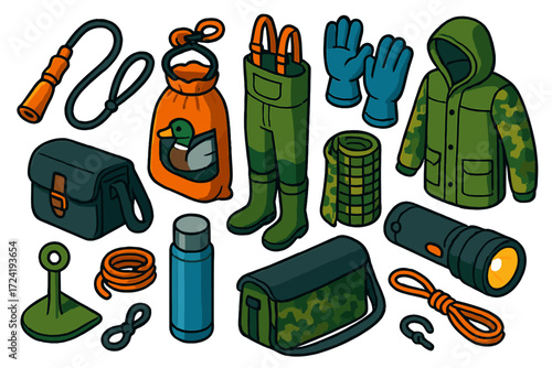 Waterfowl Hunting Gear. Isometric vector illustration set Waterfowl Hunting Accessories: duck call, lanyard, decoy bag, waders,