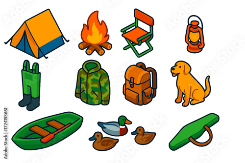 Duck Camp Essentials. Isometric vector illustration set Duck Camp: tent, campfire, folding chair, lantern, cooler, waders,