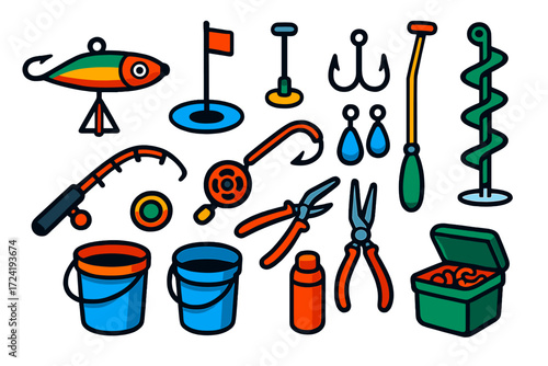 Ice Fishing Gear Icons. Isometric vector illustration set Ice Fishing Tackle: jigging lure, tip-up device, ice auger, short rod,