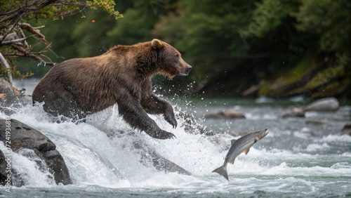 Grizzly Bear Fishing: A magnificent grizzly bear leaps into action, its powerful physique on full display as it hunts for salmon in a rushing river, showcasing the raw beauty of nature's survival. 