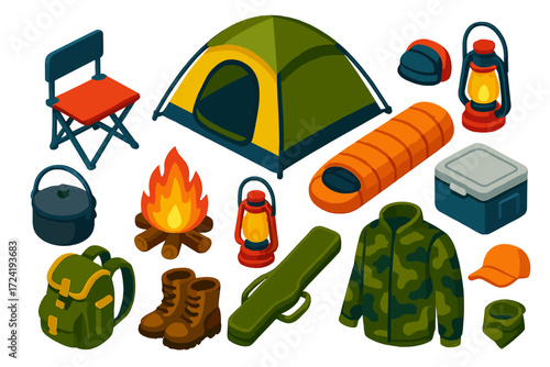 Bold Hunting Camp Icons. Isometric vector illustration set Hunting Camp: tent, campfire, folding chair, sleeping bag, lantern,