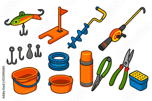 Ice Fishing Gear Icons. Isometric vector illustration set Ice Fishing Tackle: jigging lure, tip-up device, ice auger, short rod,