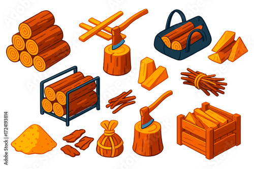 Firewood Preparation Icons. Isometric vector illustration set Firewood Preparation: stacked logs, kindling sticks, chopping stump,
