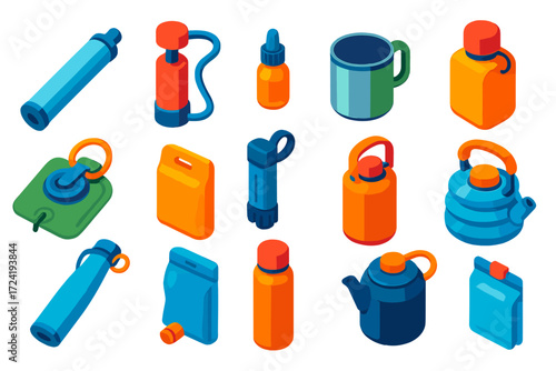 Wilderness Hydration Icons. Isometric vector illustration set Wilderness Hydration Tools: life straw, pump purifier, purification