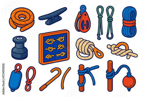 Vibrant Sailing Equipment Icons. Isometric vector illustration set Sailing Equipment: nautical rope, cleat, pulley block, sail tie