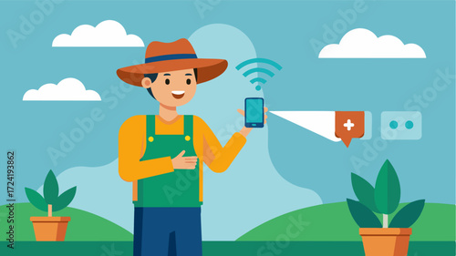 A farmer receives a realtime alert on their phone notifying them that their soil moisture levels are low and require immediate irrigation.. Vector illustration
