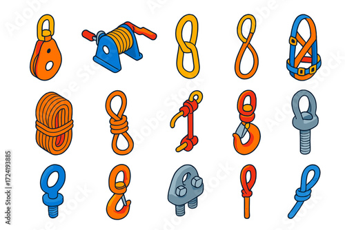 Bright Rope Tools. Isometric vector illustration set Industrial Rope Tools: hoisting pulley, rope winch, tie-off hook, lifting