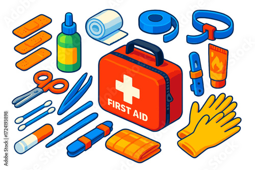 First Aid Essentials. Isometric vector illustration set Survival First Aid Kit: adhesive bandages, antiseptic solution, sterile