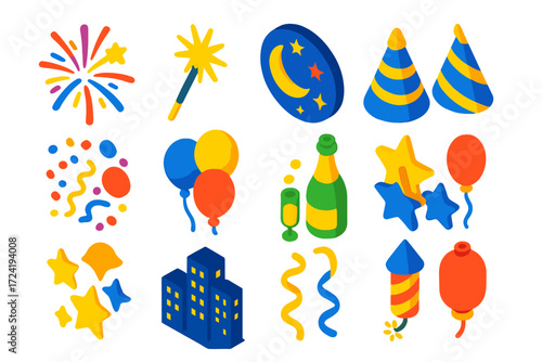 Festive Night Icons. Isometric vector illustration set Festive Night Icons: fireworks burst, sparkler, night sky, party hat,